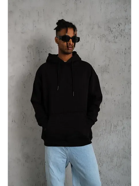 Erkek 3 İplik Pamuklu Kapüşonlu Kanguru Cepli Sweatshirt Hoodie -  Siyah