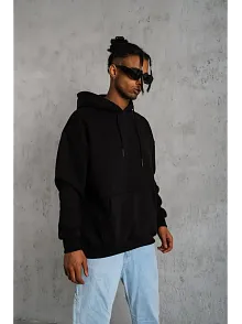Erkek 3 İplik Pamuklu Kapüşonlu Kanguru Cepli Sweatshirt Hoodie -  Siyah