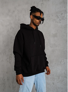 Erkek 3 İplik Pamuklu Kapüşonlu Kanguru Cepli Sweatshirt Hoodie -  Siyah