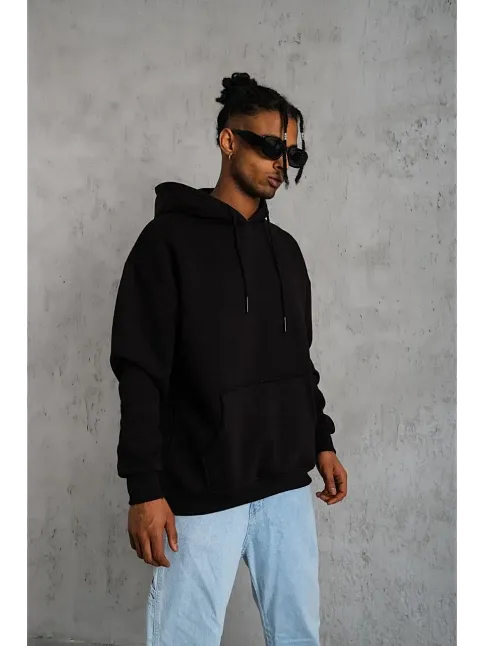 Erkek 3 İplik Pamuklu Kapüşonlu Kanguru Cepli Sweatshirt Hoodie -  Siyah
