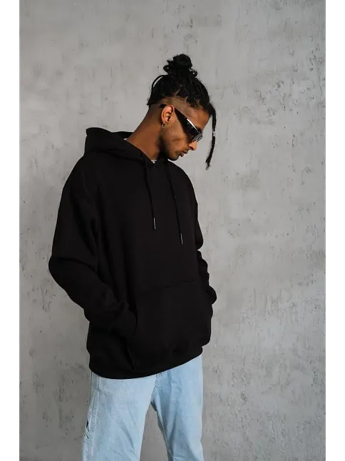 Erkek 3 İplik Pamuklu Kapüşonlu Kanguru Cepli Sweatshirt Hoodie -  Siyah