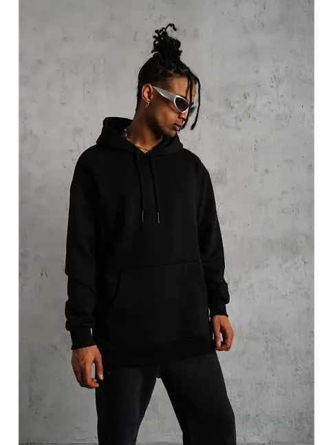 Erkek 3 İplik Pamuklu Kapüşonlu Kanguru Cepli Sweatshirt Hoodie -  Siyah
