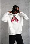 Erkek Kapüşonlu Cepli Boks Eldiven Baskılı 3 İplik Sweatshirt Hoodie - Beyaz