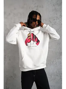 Erkek Kapüşonlu Cepli Boks Eldiven Baskılı 3 İplik Sweatshirt Hoodie - Beyaz