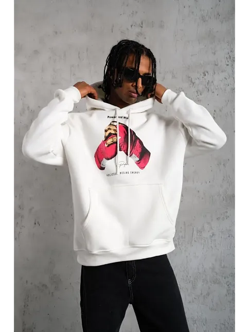 Erkek Kapüşonlu Cepli Boks Eldiven Baskılı 3 İplik Sweatshirt Hoodie - Beyaz