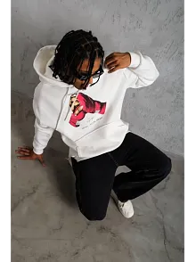 Erkek Kapüşonlu Cepli Boks Eldiven Baskılı 3 İplik Sweatshirt Hoodie - Beyaz