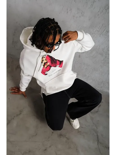 Erkek Kapüşonlu Cepli Boks Eldiven Baskılı 3 İplik Sweatshirt Hoodie - Beyaz
