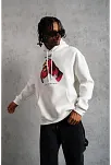 Erkek Kapüşonlu Cepli Boks Eldiven Baskılı 3 İplik Sweatshirt Hoodie - Beyaz