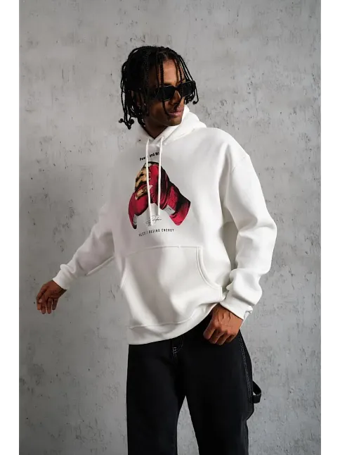 Erkek Kapüşonlu Cepli Boks Eldiven Baskılı 3 İplik Sweatshirt Hoodie - Beyaz