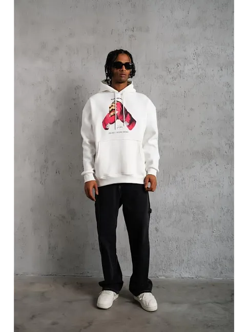 Erkek Kapüşonlu Cepli Boks Eldiven Baskılı 3 İplik Sweatshirt Hoodie - Beyaz