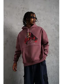 Erkek Kapüşonlu Cepli Box Eldiven Baskılı 3 İplik Sweatshirt Hoodie - Gül Kurusu