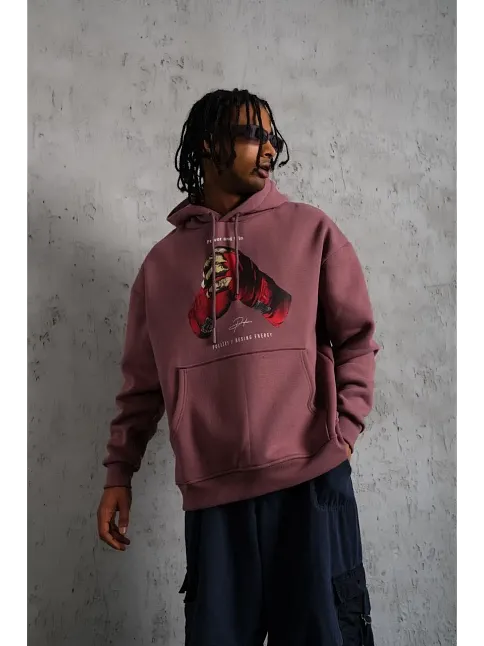 Erkek Kapüşonlu Cepli Box Eldiven Baskılı 3 İplik Sweatshirt Hoodie - Gül Kurusu