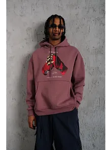 Erkek Kapüşonlu Cepli Box Eldiven Baskılı 3 İplik Sweatshirt Hoodie - Gül Kurusu