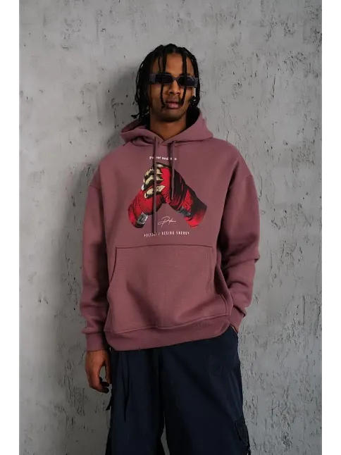 Erkek Kapüşonlu Cepli Box Eldiven Baskılı 3 İplik Sweatshirt Hoodie - Gül Kurusu