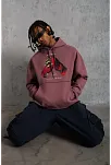 Erkek Kapüşonlu Cepli Box Eldiven Baskılı 3 İplik Sweatshirt Hoodie - Gül Kurusu