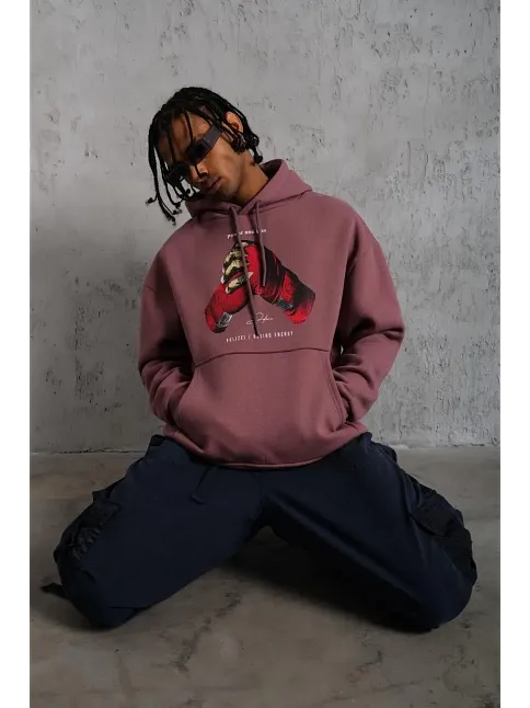 Erkek Kapüşonlu Cepli Box Eldiven Baskılı 3 İplik Sweatshirt Hoodie - Gül Kurusu