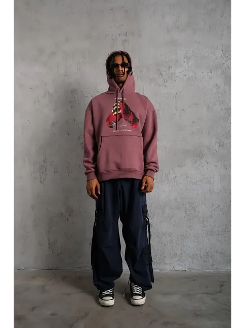 Erkek Kapüşonlu Cepli Box Eldiven Baskılı 3 İplik Sweatshirt Hoodie - Gül Kurusu