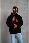 Erkek Kapüşonlu Cepli Box Eldiven Baskılı 3 İplik Sweatshirt Hoodie - Siyah