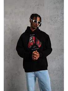 Erkek Kapüşonlu Cepli Box Eldiven Baskılı 3 İplik Sweatshirt Hoodie - Siyah