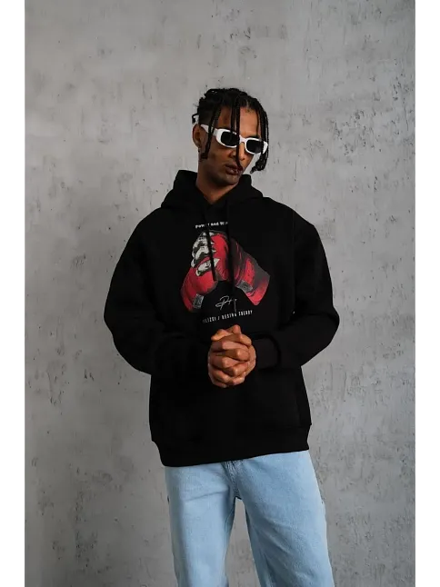 Erkek Kapüşonlu Cepli Box Eldiven Baskılı 3 İplik Sweatshirt Hoodie - Siyah