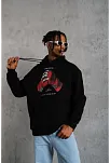 Erkek Kapüşonlu Cepli Box Eldiven Baskılı 3 İplik Sweatshirt Hoodie - Siyah