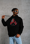 Erkek Kapüşonlu Cepli Box Eldiven Baskılı 3 İplik Sweatshirt Hoodie - Siyah