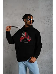 Erkek Kapüşonlu Cepli Box Eldiven Baskılı 3 İplik Sweatshirt Hoodie - Siyah