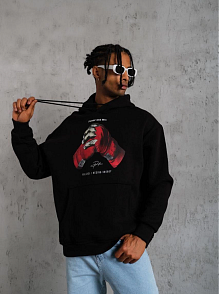 Erkek Kapüşonlu Cepli Box Eldiven Baskılı 3 İplik Sweatshirt Hoodie - Siyah