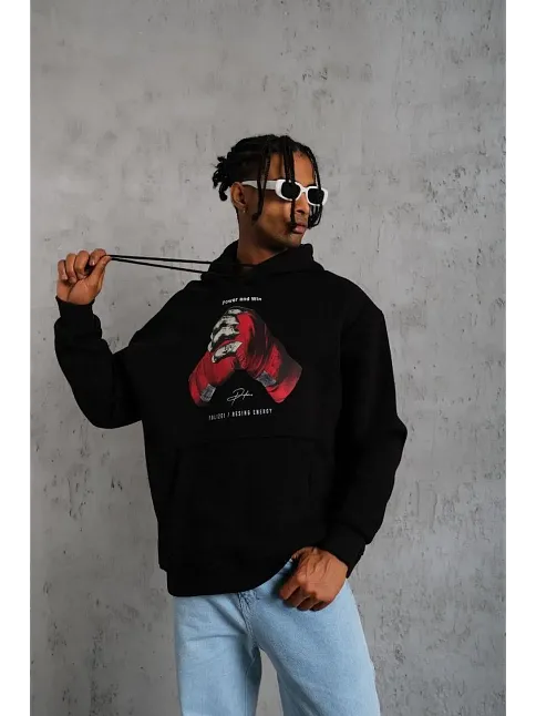 Erkek Kapüşonlu Cepli Box Eldiven Baskılı 3 İplik Sweatshirt Hoodie - Siyah