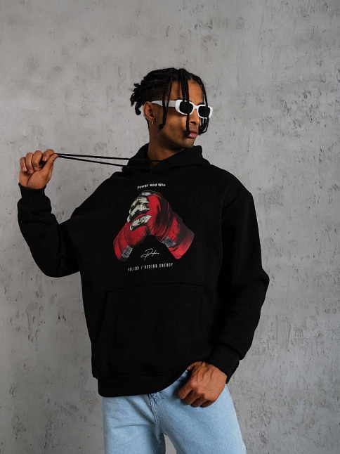 Erkek Kapüşonlu Cepli Box Eldiven Baskılı 3 İplik Sweatshirt Hoodie - Siyah