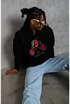 Erkek Kapüşonlu Cepli Box Eldiven Baskılı 3 İplik Sweatshirt Hoodie - Siyah