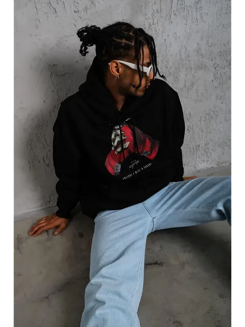 Erkek Kapüşonlu Cepli Box Eldiven Baskılı 3 İplik Sweatshirt Hoodie - Siyah