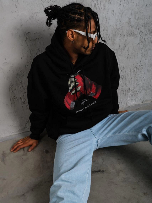 Erkek Kapüşonlu Cepli Box Eldiven Baskılı 3 İplik Sweatshirt Hoodie - Siyah