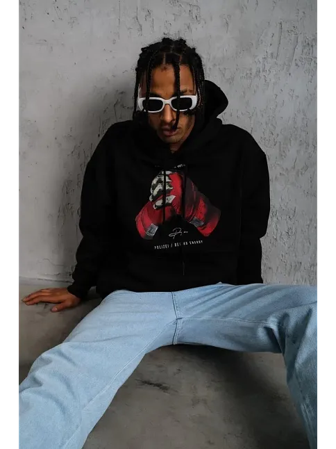 Erkek Kapüşonlu Cepli Box Eldiven Baskılı 3 İplik Sweatshirt Hoodie - Siyah