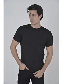 Erkek File Çepli  T-shirt Kısa Kol Bisiklet Yaka Slimfit Tişört - Siyah