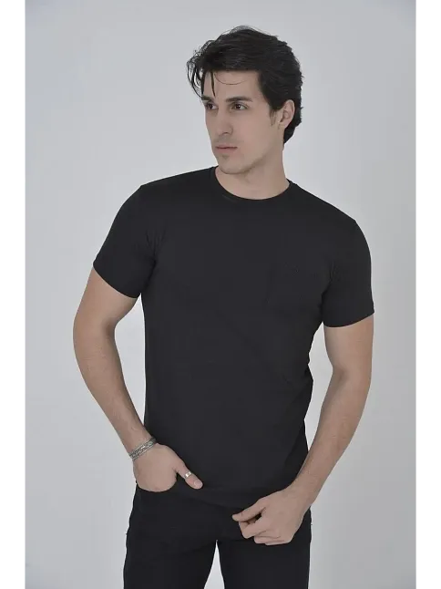 Erkek File Çepli  T-shirt Kısa Kol Bisiklet Yaka Slimfit Tişört - Siyah