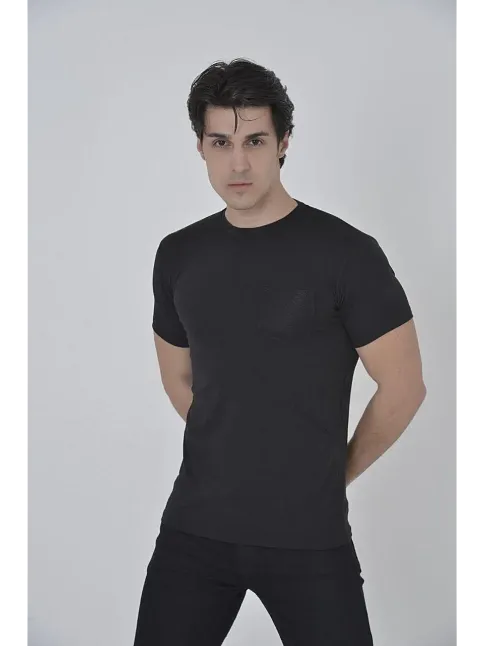 Erkek File Çepli  T-shirt Kısa Kol Bisiklet Yaka Slimfit Tişört - Siyah