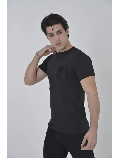 Erkek File Çepli  T-shirt Kısa Kol Bisiklet Yaka Slimfit Tişört - Siyah