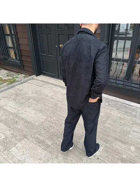 Erkek Fitilli Kadife Cepli Buggy Pantolon Oversize Rahat Kalıp - Siyah