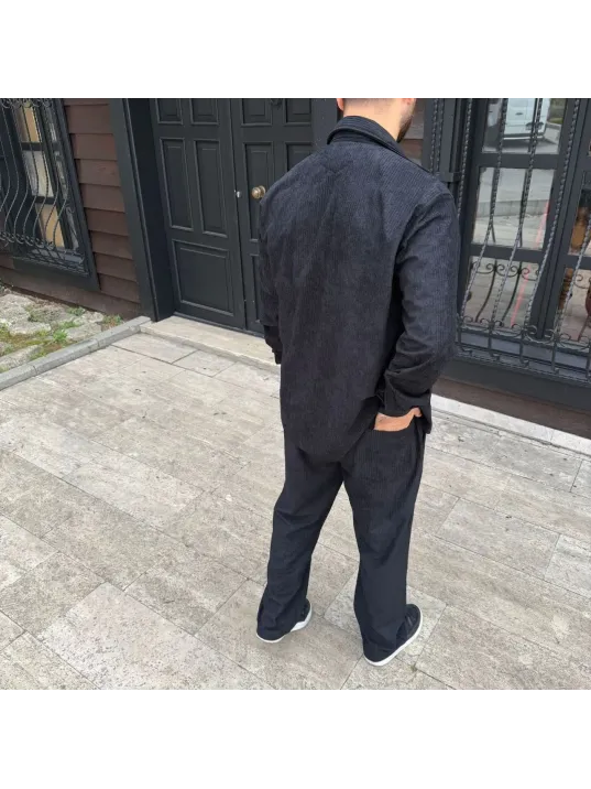 Erkek Fitilli Kadife Cepli Buggy Pantolon Oversize Rahat Kalıp - Siyah