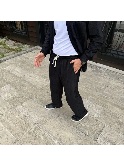 Erkek Fitilli Kadife Cepli Buggy Pantolon Oversize Rahat Kalıp - Siyah