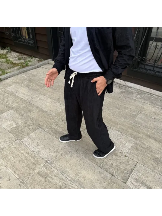 Erkek Fitilli Kadife Cepli Buggy Pantolon Oversize Rahat Kalıp - Siyah