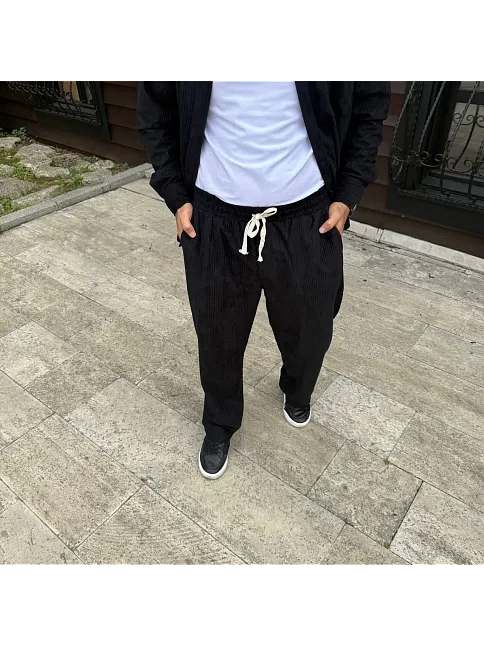 Erkek Fitilli Kadife Cepli Buggy Pantolon Oversize Rahat Kalıp - Siyah