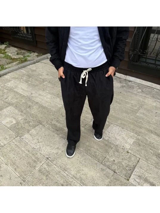 Erkek Fitilli Kadife Cepli Buggy Pantolon Oversize Rahat Kalıp - Siyah