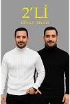 Erkek Fitilli Kazak Tam Boğazlı Balıkçı Yaka Triko 2'li Set Beyaz-siyah