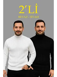 Erkek Fitilli Kazak Tam Boğazlı Balıkçı Yaka Triko 2'li Set Beyaz-siyah