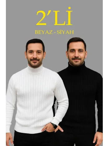 Erkek Fitilli Kazak Tam Boğazlı Balıkçı Yaka Triko 2'li Set Beyaz-siyah