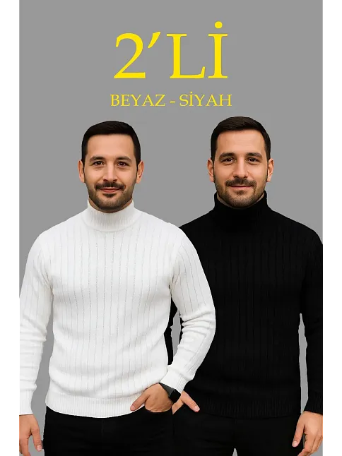 Erkek Fitilli Kazak Tam Boğazlı Balıkçı Yaka Triko 2'li Set Beyaz-siyah