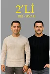 Erkek Fitilli Triko Kazak 2’li Set Bej Beyaz Kalın Dokuma Pamuklu Regular Fit Bisiklet