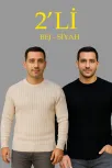 Erkek Fitilli Triko Kazak 2’li Set Bej Beyaz Kalın Dokuma Pamuklu Regular Fit Bisiklet